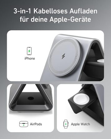 Anker MagGo MagSafe Зарядний пристрій 3-в-1: Швидка зарядка 15 Вт, MFi сертифікація для iPhone 17/16/15, Apple Watch S8/7/6, AirPods 3/Pro (з USB-C адаптером 30 Вт)