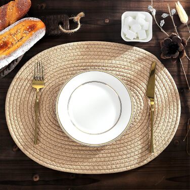 Fanquare Oval Woven Placemats Set of 6 Beige Cotton Rope Braided Placemats Heat-Resistant Washable Non-Slip Table Mats for Kitchen Dining Table, Home Decoration 30x40cm