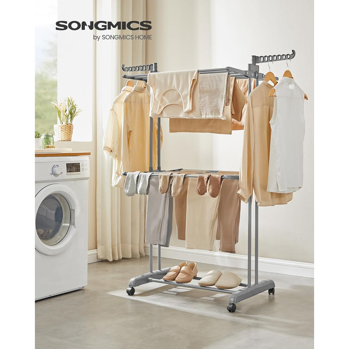 Сушарка для білизни SONGMICS BUNJI LLR704G01: розсувна, 4 яруси, з колесами та складаними крилами, велика, сіра (63.5 x 131-200 x 177.5 см)