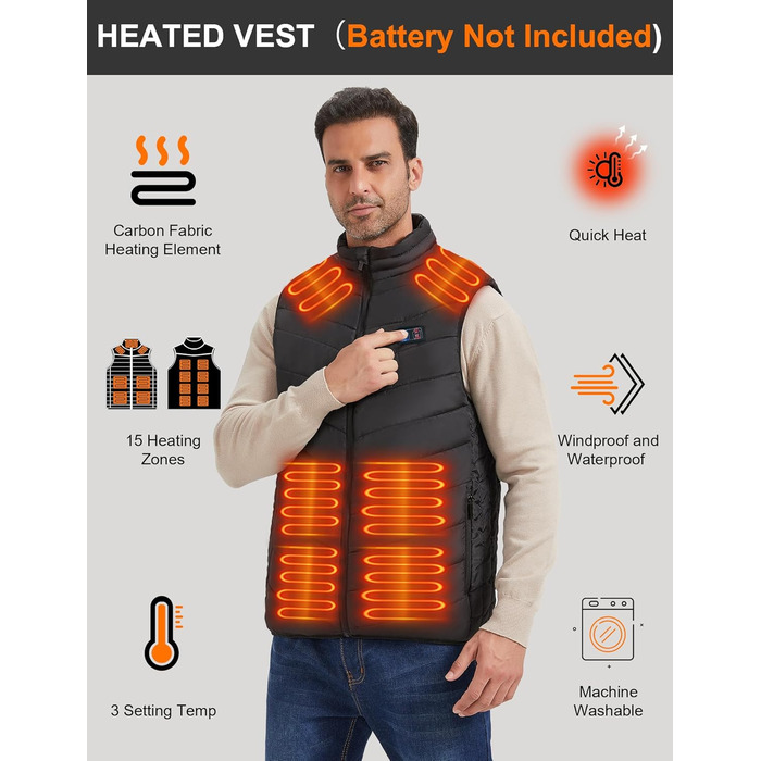 Обогревна жилетка для жінок та чоловіків з 15 зонами обігріву, для активного відпочинку та роботи на відкритому повітрі, подарунок на Різдво та День подяки (акумулятор не входить до комплекту, чорний колір)