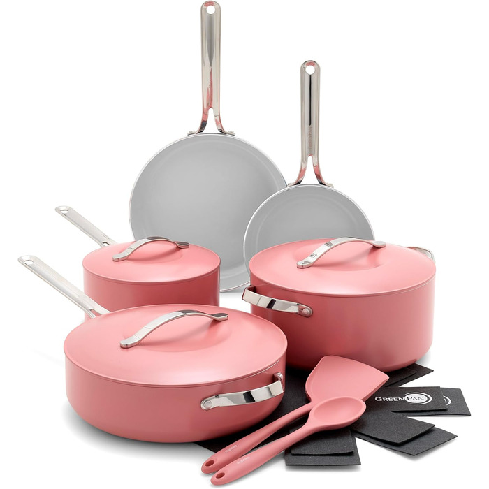 Набір кухонного посуду GreenPan Nova 10 предметів: каструлі, сковорідки, кришки, коралловий, антипригарне покриття без PFAS