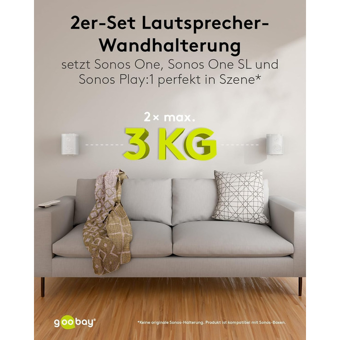 Настінний кронштейн-підставка для колонки Goobay Sonos One / One SL, білий, з кабель-менеджментом, висота 71 см, вантажопідйомність 3 кг
