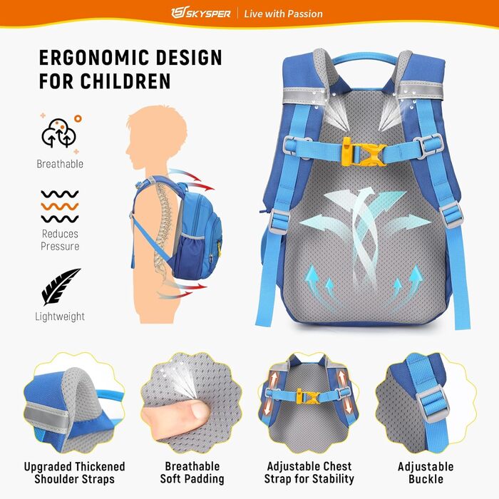 Дитячий рюкзак SKYSPER 8L для хлопчиків та дівчаток, рюкзак для прогулянок, повсякденного використання, з нагрудним ременем, подарунок, блакитний