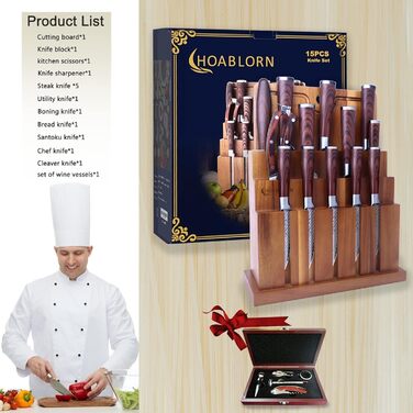 Набір професійних ножів ChefHoablorn 20 шт. з дерев'яним блоком. Кухонні ножі для дому, приготування їжі, на подарунок. Преміум якість.