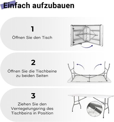 Складаний столик 180см, портативний, міцний, пластиковий, для дому та відпочинку на природі (білий)