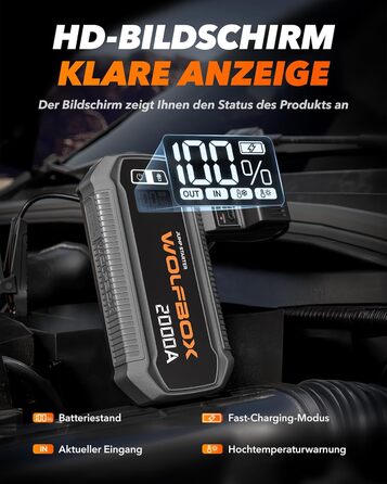 Powerbank WOLFBOX для запуску авто: 2000A, 12V, для бензину/дизеля (10L), LED-ліхтар, великий екран, кабель, бустер для SUV, вантажівок, мотоциклів