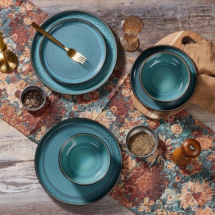 Набір посуду HaWare для 6 осіб, 18 предметів: тарілки, десертні тарілки, миски, стельова глазур, посуд для сервірування столу, блакитний колір, безпечний для мікрохвильовки та посудомийної машини