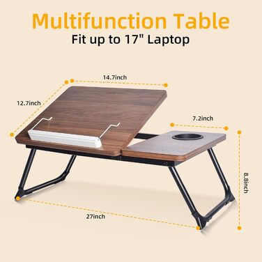 Регульовані дерев'яні столики під коліна для ліжка, письмовий стіл з інтегрованим тримачем для напоїв, горіх