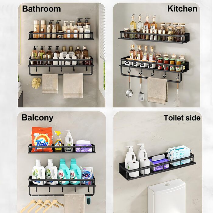 Поличка для душу Devesanter без свердління, 2 шт., 60 см, органайзер для шампуню та мила з тримачем для рушників та 6 гачками, для ванної кімнати, спальні, кухні, чорний
