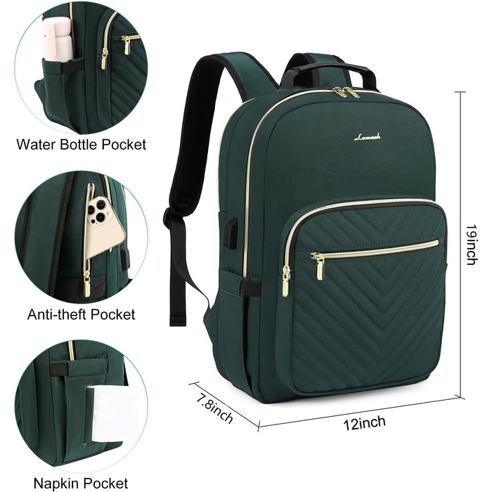 LOVEVOOK Рюкзак для жінок, великий, 15.6 дюймів, для ноутбука, водонепроникний, шкільний, для дівчаток-підлітків, чорний, елегантний, для роботи, для школи, університету, подорожей, 15.6' (17.3 дюймів, темно-зелений)