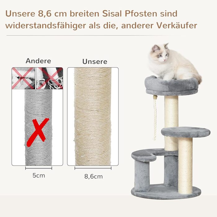 PawHut Cat Tree Climbing Tree with Hammock, 3-Tier Play Tree with Cat Bed Cat Scratching Post with Sitting Platform, Sisal Columns, Grey Ø40 x H65 cm