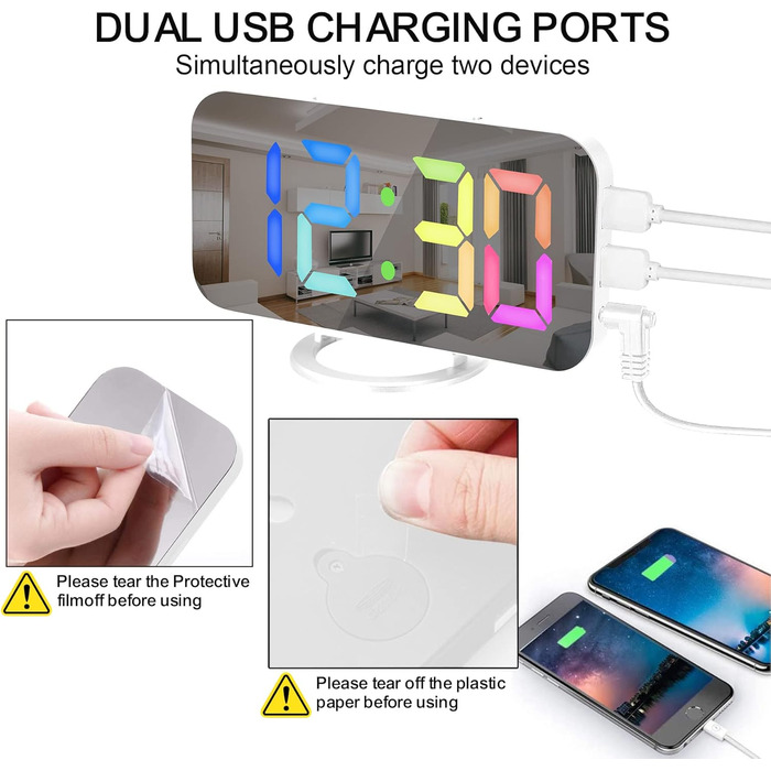 Цифровий годинник SZELAM з LED-дзеркалом 7 дюймів, 2 USB-порти, функція відкладання, автоматичне регулювання яскравості, для дому (білий)