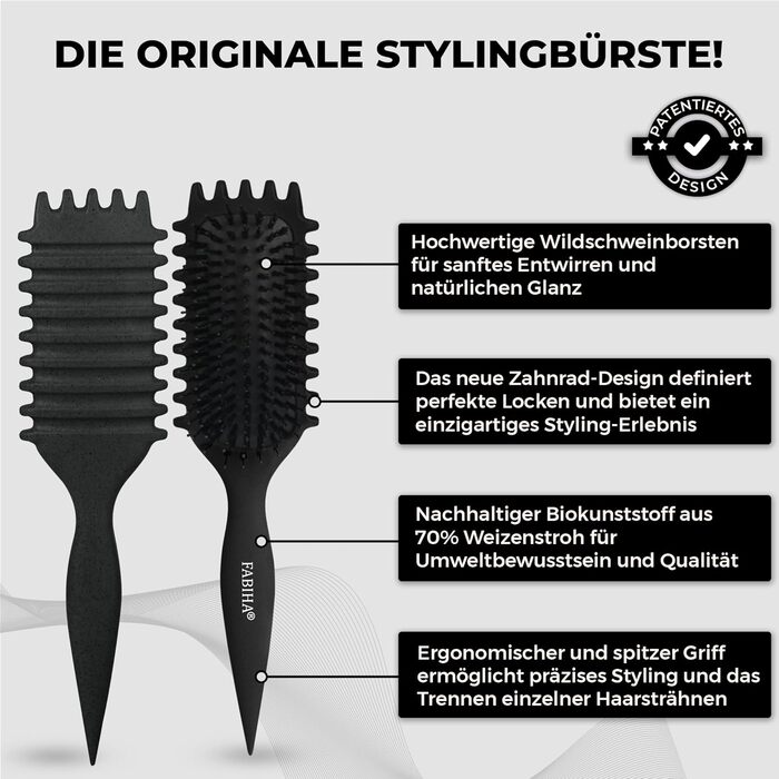 Щітка для волосся Lockenbürste Premium - для кучерявого волосся, біо-щітка з щетиною дикого кабана, оригінальна 3-в-1 для створення локонів (чорна)