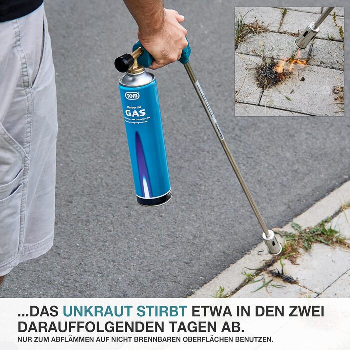 TOM Weed Burner Set + 4 x 330 g Universal Gas Cartridge with Screw Thread 600 ml – Flaming Device ideally suited for weed removal on paving stones, sidewalks, and paved joints. Grill lighter, Blue