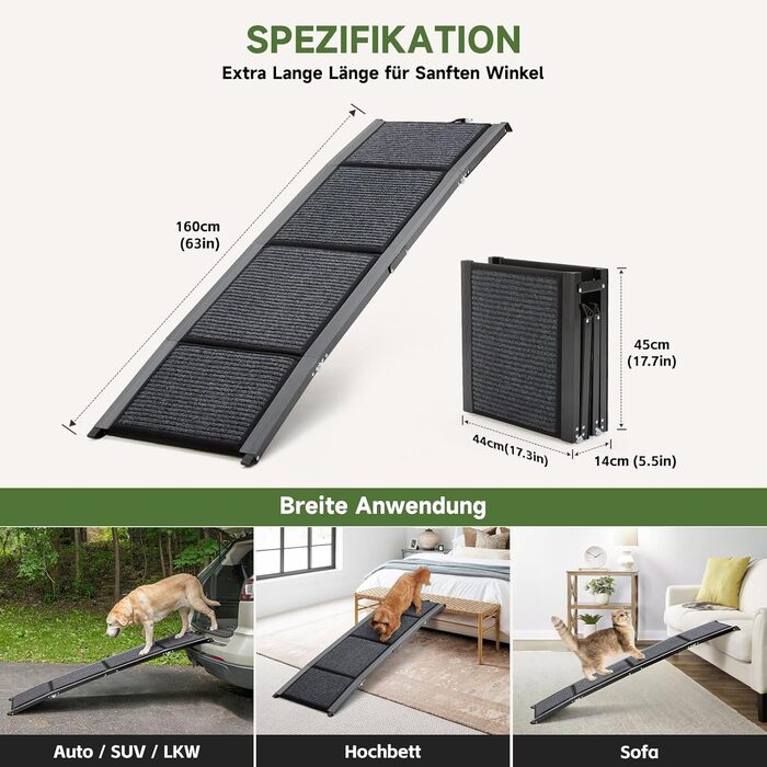 Рампа для собак Fellie, 160 см, складана, для великих, середніх та маленьких собак, до 100 кг