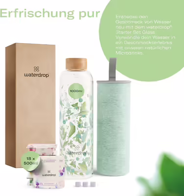 waterdrop® Mother's Day Gift Set - Glass Bottle 1 Liter incl. 18 sugar-free Drops - Gift for Women - Sampler Pack with Water Bottle, Flavor Drops & Vitamins - Carbonated Water Suitable Bottle