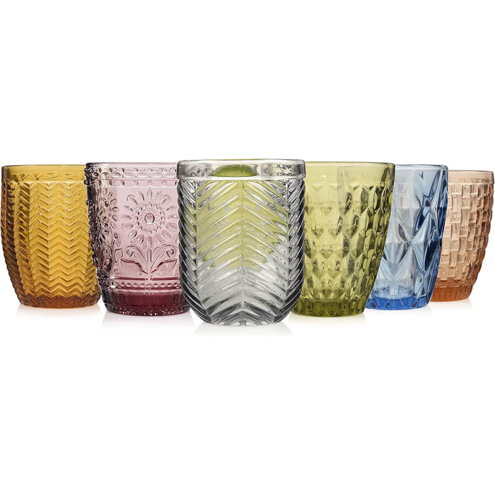 Sänger Drinking Glasses Set Porto - 6-Piece Glass Set for 6 People, Water Glasses, Multicolored, Unique Cut, Everyday Use, Family Meals, Office, Outdoor Juice Glasses Set | 310 ml