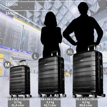 Чемодан NOWI Rhodos – 3-секційний, жорсткий, з ABS, кодовий замок, 4 колеса, розширюваний, 360° обертання, легкий та міцний. Розміри M, L, XL (Чорний)