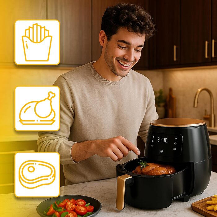 Аерофритюрниця Retoo 6.5л 1800Вт, 10 програм, до 200°C, сенсорне управління, не потребує олії, чорний/золотий