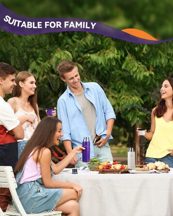 Термос-термокана з нержавіючої сталі SANTECO 1л, 500мл, не протікає, з кришкою-чашкою для подорожей. Термос для кави та чаю для дітей, спорту, без BPA, 24 години холод, 12 годин тепло (фіолетовий, 500 мл)