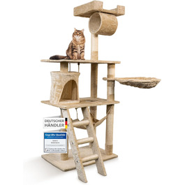 Кігтеточка для котів Foxdevil від xonic® - багатофункціональна кігтеточка з оглядовою платформою, гамаком, затишною печерею, іграшковою шнуркою, сходами – 141 см – (Бежевий V1)