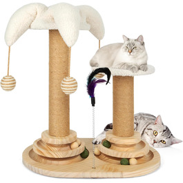 Інтерактивна іграшка для котів 6 в 1: дерев'яний комплекс з кульками, пір'ям, м'ячиком-трекером, когтеточкою з сизалю та джуту. Підходить для котів середніх та маленьких порід (білий)