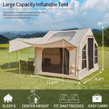 Надувний кемпінговий намет Glamping для 6-8 осіб, 2025, бежевий, з москітною сіткою та тентом 16.4*14.4 м