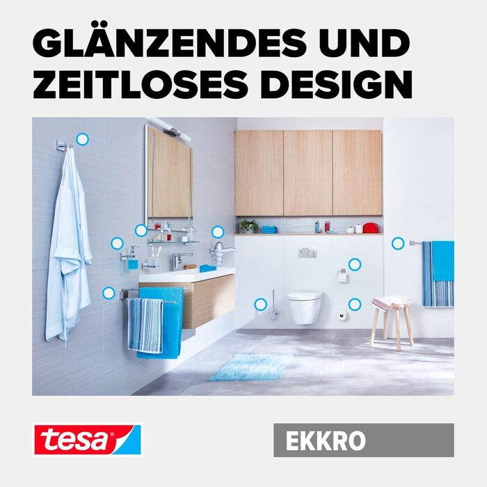 tesa EKKRO Double Towel Rail, Chrome - Towel Holder with 2 Bars - For Wall Mounting Without Drilling, Includes Adhesive Solution - 112 mm x 640 mm x 50 mm