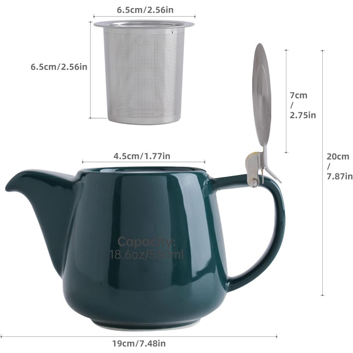 VIVILINEN Porcelain Teapot Ceramic Handmade 18/8 Stainless Steel Infuser Stainless Steel Fine Mesh Infuser with Filter (Green)