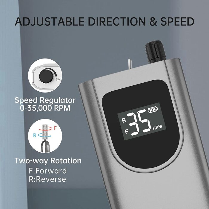 Електрична нігтьова фрезер Kredioo з LED-дисплеєм та 6 насадками для гель та акрил (35000 об/хв)