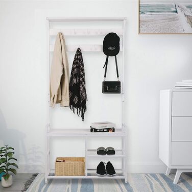Leader Accessories Coat Rack with Bench Metal Coat Rack Rustic Clothes Rack 182x30x84cm (H x W x D) White