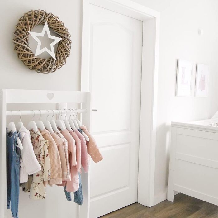 Puckdaddy Svetje | Clothes Rack 60x30x120 cm | Clothes stand made of pine wood in vintage design in white | Modern coat rack for baby and children's rooms | With practical shoe storage