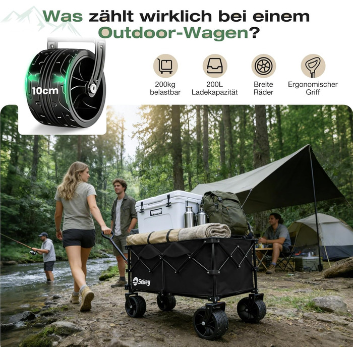 Універсальний складаний візок Sekey XXL Plus 200L/200кг з гальмами та широкими колесами для бездоріжжя (чорний, колеса 10 см)