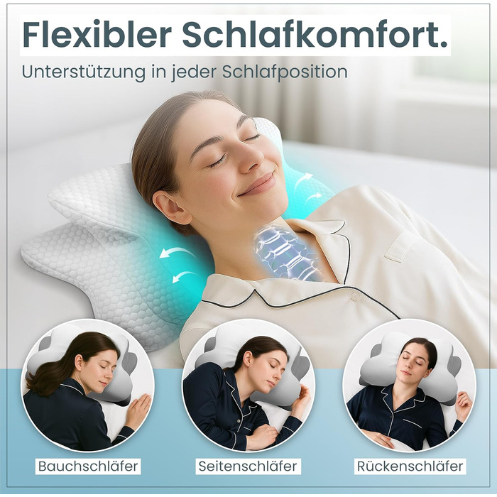 Ортопедична подушка для шиї при болях у шиї з високоякісної піни з пам'яті - Ергономічна подушка для шиї - Подушка для тих, хто спить на боці, на спині та на животі - пральний чохол при 40°C 61 x 40 x12 Світло-сірий