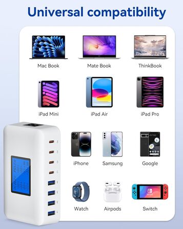 Зарядний пристрій USB-C 200W, 8 портів, LCD-дисплей, PD 65W для MacBook, iPad, iPhone 16/15/14/13 Pro/Max, Samsung S24/S23 - Чорний