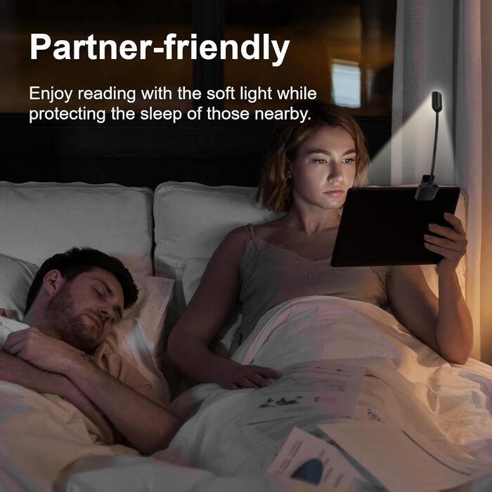 LED лампа для читання з кліпсою, USB перезарядна, 3 режими температури кольору, регульована яскравість, 360° гнучкий світильник для ліжка, столу та подорожей, білий (чорний)