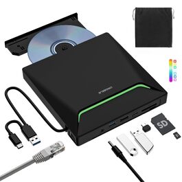 Зовнішній DVD-привід ORIGBELIE: CD-брунер з 4 USB та 2 TF/SD слотами, ультратонкий оптичний накопичувач для ноутбука, PC, Mac, Windows 11/10/8/7, Linux