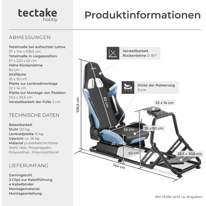 Ігровий симулятор Sim Racing Cockpit tectake® для Fanatec, Logitech, Thrustmaster, регульоване гоночне крісло GT-Style, сталевий каркас, до 120 кг (Чорний/Лазурний)