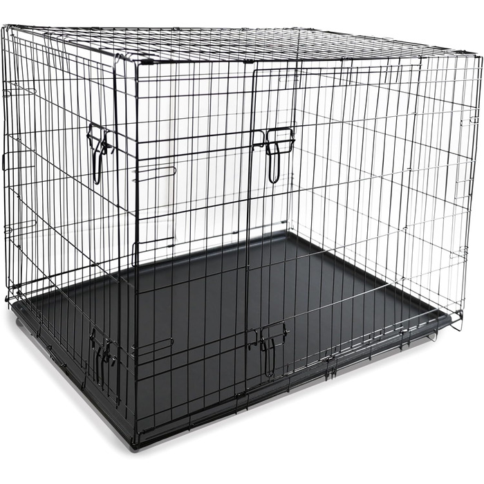 Клітка для собак DIVCHI з піддоном - міцна, складана клітка з двома дверцятами | Легко миється, знімний піддон, підходить для котів | Чорна (122x76x81cm)