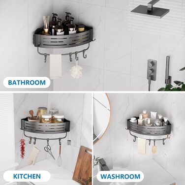 Двомісне куткове поличок для душу без свердління з присосками, водонепроникний органайзер для ванної кімнати, з тримачем для рушників, для шампуню та гелю для душу, чорний матовий (1 шт. сірий кутовий поличок для душу)