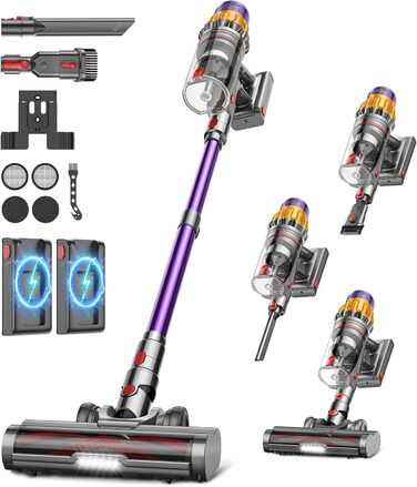 Бездротовий акумуляторний пилосос з 2 акумуляторами, 150 хв роботи, 55000 Па, 600 Вт, об'єм 2.0 л, з дисплеєм, антизаплутана щітка, самостійна парковка, настінна зарядка, 11-шарова фільтрація для шерсті тварин, килимів та твердих поверхонь