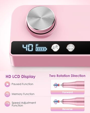 Електричний апарат для манікюру та педикюру з LCD-дисплеєм, 40000 об/хв, 15 насадок, рожевий. Для професійного та домашнього використання
