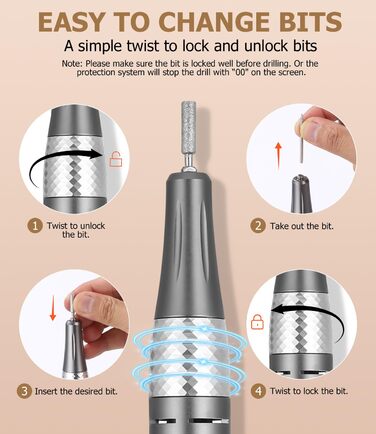 Електрична нігтьова фрезер 45000 RPM з LCD-дисплеєм для манікюру та педикюру, професійна, рожеве золото