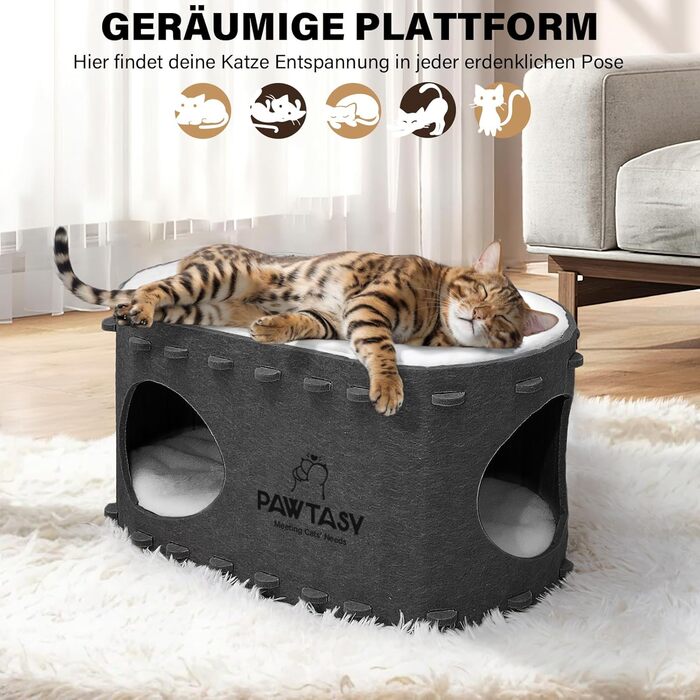 Cat Cave Felt Cat Bed, Cave Cat House for Indoor Cats, Cave with 2 Soft and Warm Cushions, Winter-Proof, Protects Cat Claws, 58W x 33D x 30H cm, (Dark Grey)