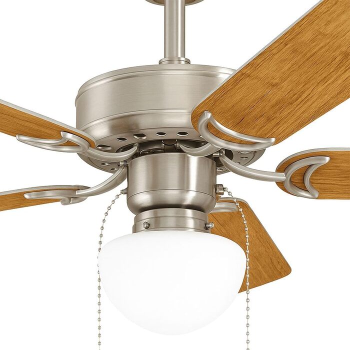 Стеляний вентилятор EGLO CADIZ з 5 лопатями, світлом, ланцюжком, лопаті з МДФ (срібло/дуб), корпус зі сталі (нікель-мат), літньо-зимовий режим, AC двигун, діаметр 106.6 см