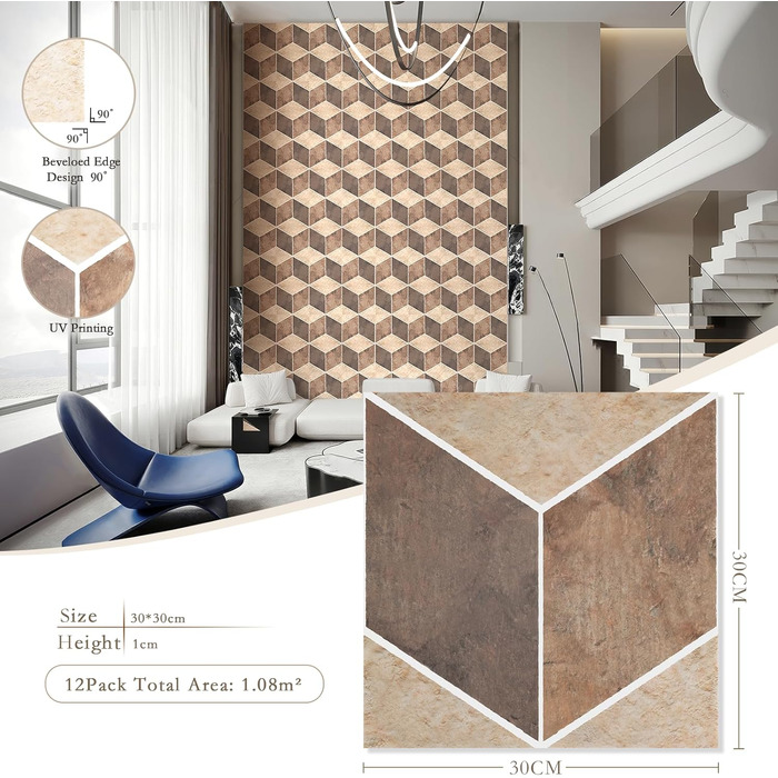 Акустичні панелі JBER для стін самоклеючі, звукопоглинаючі 3D-панелі з мармуровою текстурою для студії, офісу та дому, 30×30×1 см, 12 шт (Гексагон)