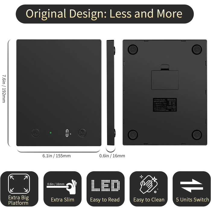 Кухонні ваги Homebuds 10 кг, цифрові, точність 1 г, LED, чорні. Для приготування та випічки.