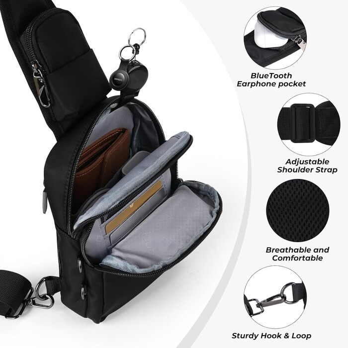 Чоловіча/Жіноча нагрудна сумка через плече Anti Diebstahl, чорна, водовідштовхуюча, з RFID-блокуванням