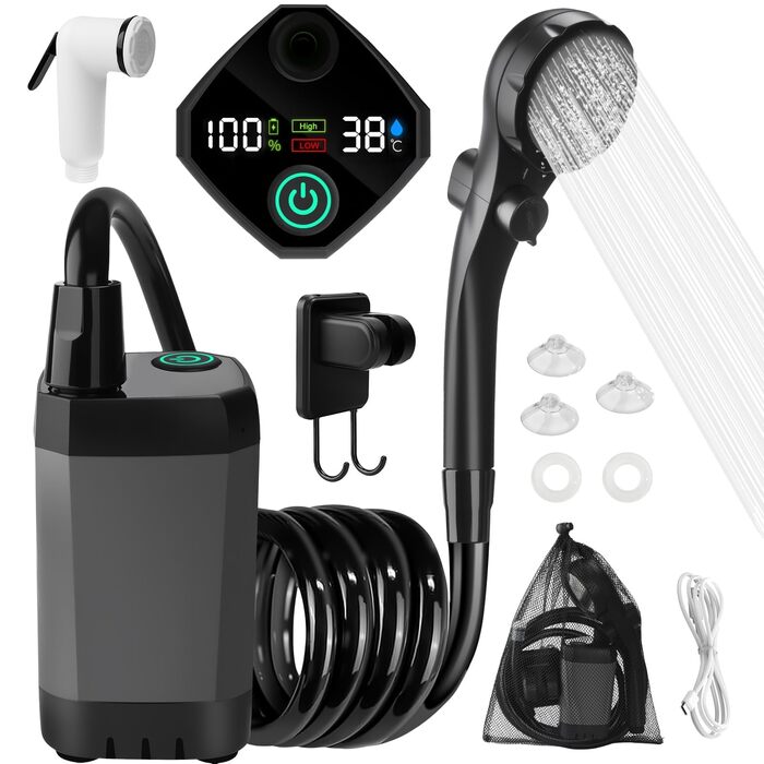 Портативна кемпінгова душа з акумулятором 6000mAh, з насосом, регулюванням температури та душовою насадкою
