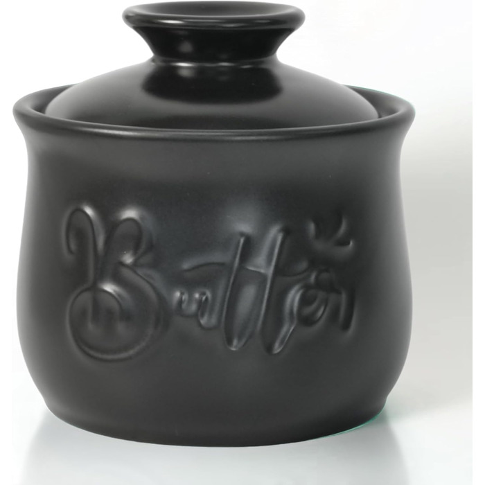 Ceramic butter dish, 156 ml, with water and butter dispenser, holder for spreadable butter, French butter crock with lid, butter container for kitchen countertop, black kitchen decoration